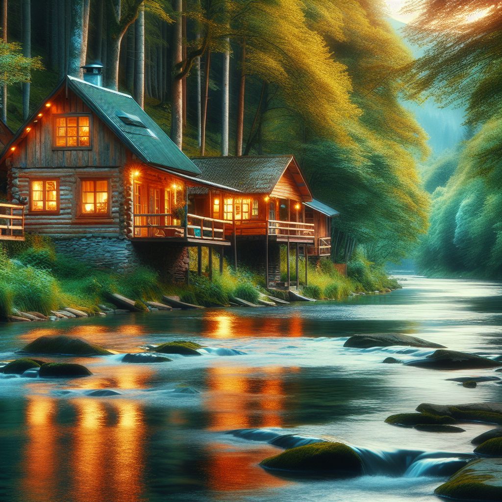 Calm Riverbank Living Spaces with Gentle Water Sounds