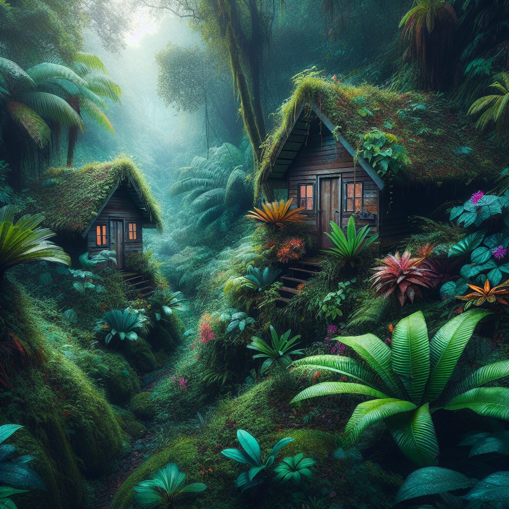 Tropical Forest Cabins Surrounded by Dense Vegetation