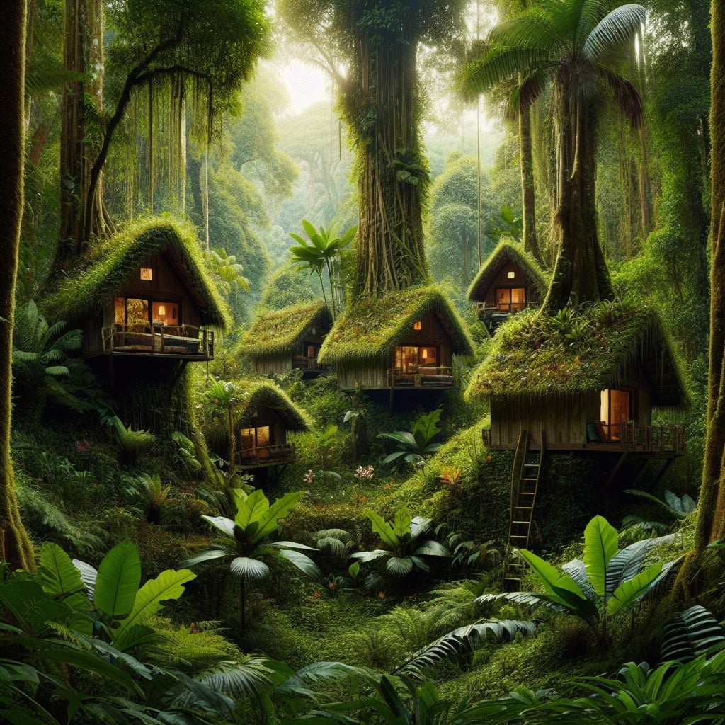 Tropical Growth Cabins Surrounded by Dense Jungle